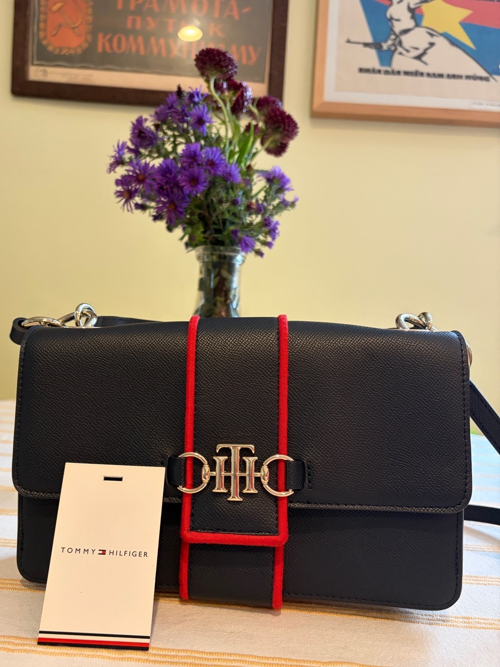 Tommy Hilfiger Black Crossbody with Red Trim and Signature Logo